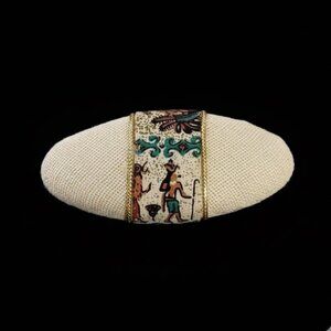 Vintage Egyptian Barrette Hieroglyphs 80’s Hair Fabric White‎ & Gold
